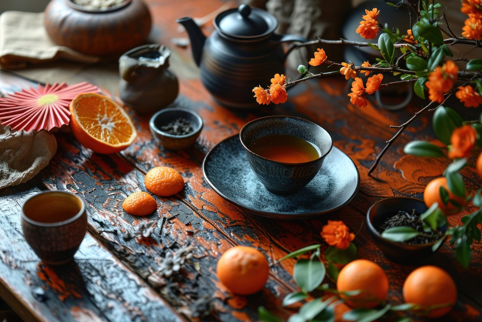 茶席上的茶壶、茶杯与器具摆件